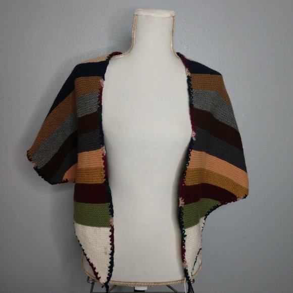 Handmade colorful striped shawl wrap tie back garter crochet trim - Picture 2 of 6